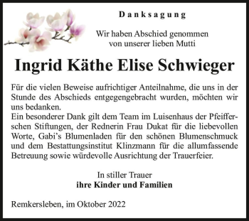 Traueranzeige von Ingrid Käthe Elise Schwieger  von Magdeburger Volksstimme