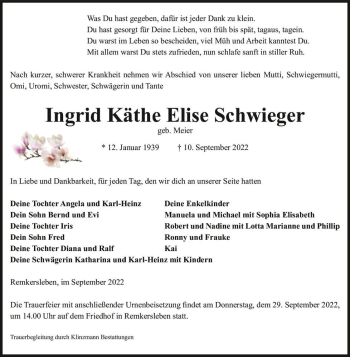 Traueranzeige von Ingrid Käthe Elise Schwieger (geb. Meier)  von Magdeburger Volksstimme