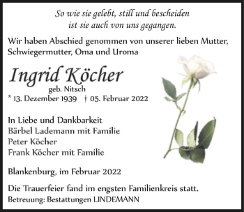 Traueranzeige von Ingrid Köcher (geb. Nitsch)  von Magdeburger Volksstimme