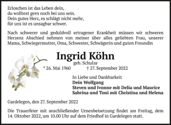 Traueranzeige von Ingrid Köhn (geb. Schulze)  von Magdeburger Volksstimme