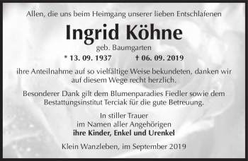 Traueranzeige von Ingrid Köhne (geb. Baumgarten)  von Magdeburger Volksstimme