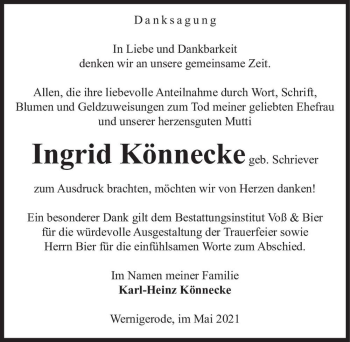 Traueranzeige von Ingrid Könnecke (geb. Schriever)  von Magdeburger Volksstimme
