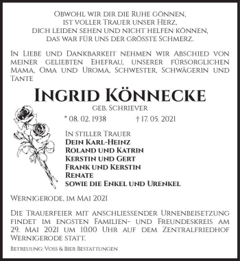 Traueranzeige von Ingrid Könnecke (geb. Schriever)  von Magdeburger Volksstimme