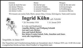 Traueranzeige von Ingrid Kühn (geb. Schröder)  von Magdeburger Volksstimme