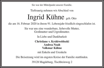 Traueranzeige von Ingrid Kühne (geb. Otto)  von Magdeburger Volksstimme