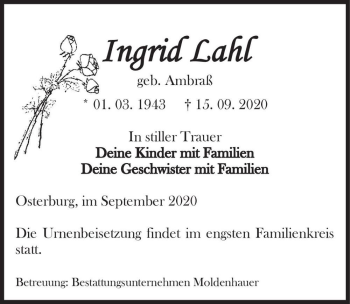 Traueranzeige von Ingrid Lahl (geb. Ambraß)  von Magdeburger Volksstimme