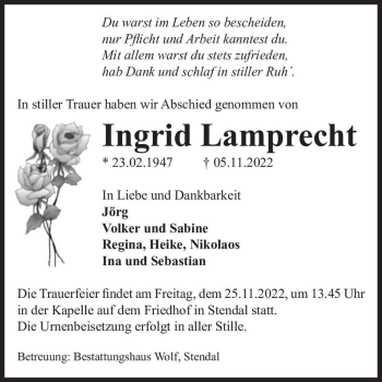 Traueranzeige von Ingrid Lamprecht  von Magdeburger Volksstimme