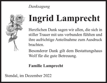 Traueranzeige von Ingrid Lamprecht  von Magdeburger Volksstimme