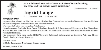 Traueranzeige von Ingrid Lange  von Magdeburger Volksstimme