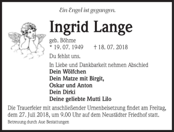 Traueranzeige von Ingrid Lange (geb. Böhme)  von Magdeburger Volksstimme