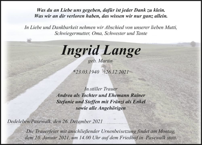  Traueranzeige für Ingrid Lange (geb. Martin)  vom 04.01.2022 aus Magdeburger Volksstimme