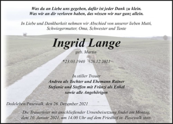 Traueranzeige von Ingrid Lange (geb. Martin)  von Magdeburger Volksstimme
