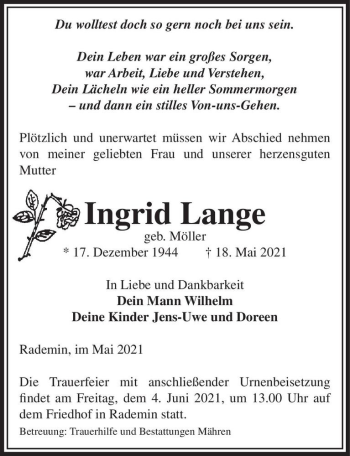 Traueranzeige von Ingrid Lange (geb. Möller)  von Magdeburger Volksstimme