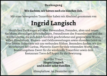 Traueranzeige von Ingrid Langisch  von Magdeburger Volksstimme