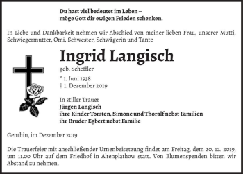 Traueranzeige von Ingrid Langisch (geb. Scheffler)  von Magdeburger Volksstimme