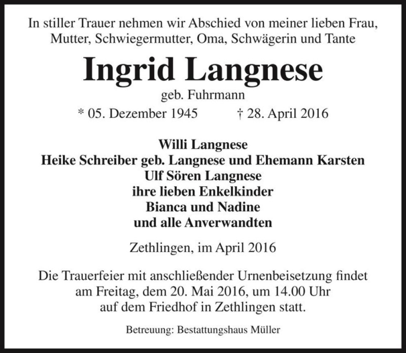  Traueranzeige für Ingrid Langnese (geb. Fuhrmann)  vom 03.05.2016 aus Magdeburger Volksstimme