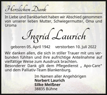 Traueranzeige von Ingrid Laurich  von Magdeburger Volksstimme