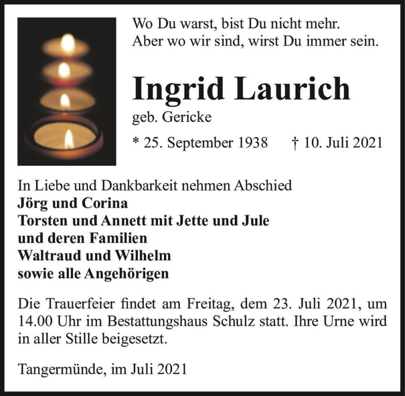  Traueranzeige für Ingrid Laurich (geb. Gericke)  vom 17.07.2021 aus Magdeburger Volksstimme