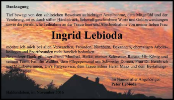 Traueranzeige von Ingrid Lebioda  von Magdeburger Volksstimme