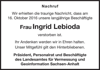 Traueranzeige von Ingrid Lebioda  von Magdeburger Volksstimme