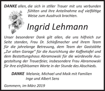 Traueranzeige von Ingrid Lehmann  von Magdeburger Volksstimme