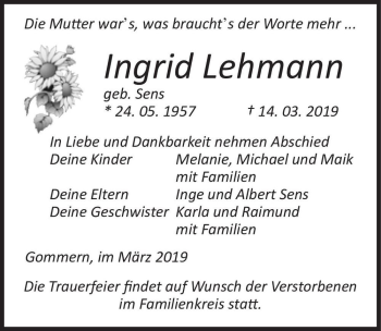 Traueranzeige von Ingrid Lehmann (geb. Sens)  von Magdeburger Volksstimme