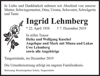 Traueranzeige von Ingrid Lehmberg  von Magdeburger Volksstimme