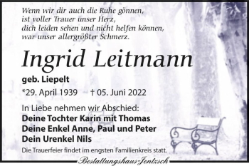 Traueranzeige von Ingrid Leitmann (geb. Liepelt)  von Magdeburger Volksstimme
