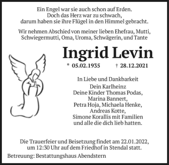 Traueranzeige von Ingrid Levin  von Magdeburger Volksstimme