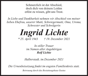 Traueranzeige von Ingrid Lichte  von Magdeburger Volksstimme