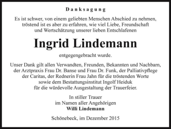 Traueranzeige von Ingrid Lindemann  von Magdeburger Volksstimme