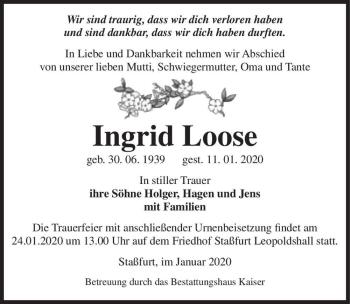 Traueranzeige von Ingrid Loose  von Magdeburger Volksstimme