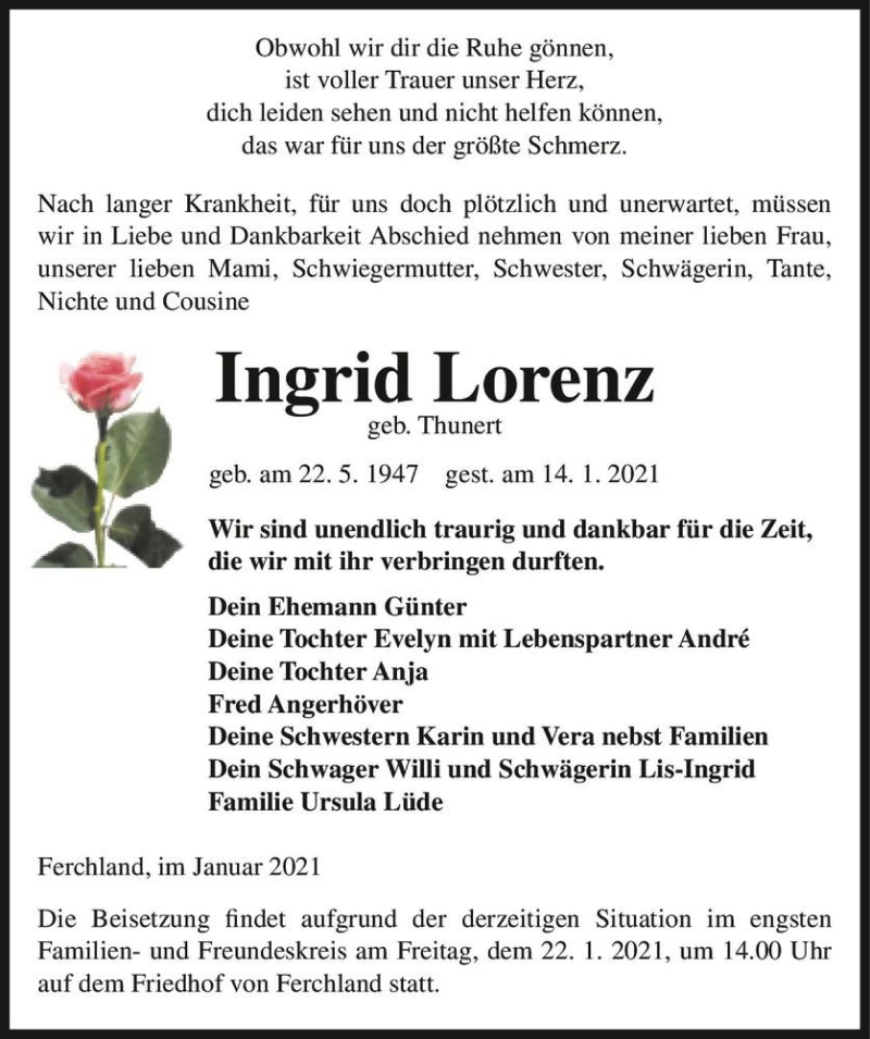  Traueranzeige für Ingrid Lorenz (geb. Thunert)  vom 19.01.2021 aus Magdeburger Volksstimme