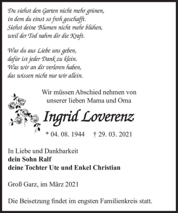 Traueranzeige von Ingrid Loverenz  von Magdeburger Volksstimme