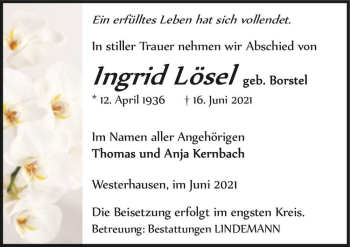 Traueranzeige von Ingrid Lösel (geb. Borstel)  von Magdeburger Volksstimme