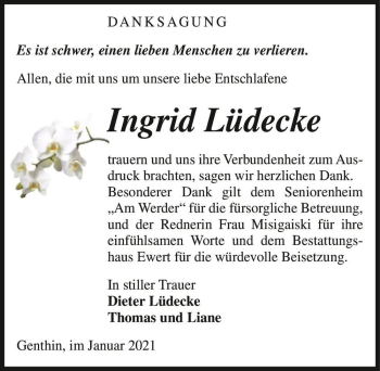 Traueranzeige von Ingrid Lüdecke  von Magdeburger Volksstimme