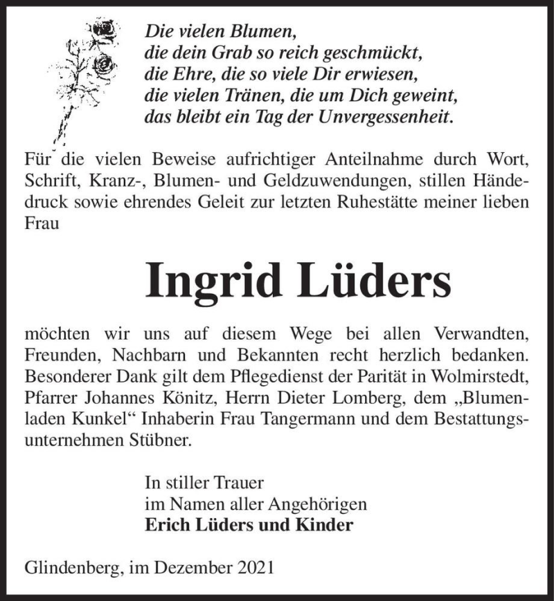  Traueranzeige für Ingrid Lüders  vom 24.12.2021 aus Magdeburger Volksstimme