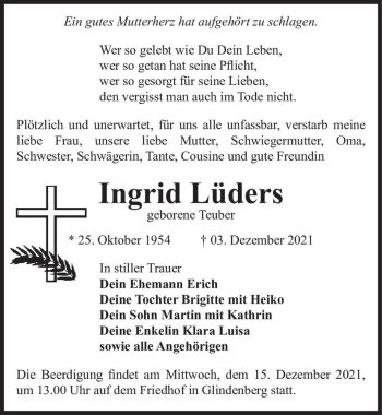 Traueranzeige von Ingrid Lüders (geb. Teuber)  von Magdeburger Volksstimme