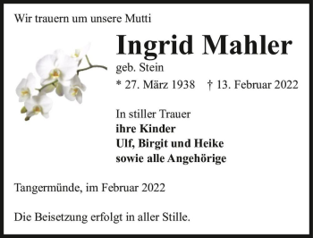 Traueranzeige von Ingrid Mahler (geb. Stein)  von Magdeburger Volksstimme