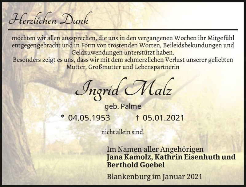  Traueranzeige für Ingrid Malz (geb. Palme)  vom 06.02.2021 aus Magdeburger Volksstimme