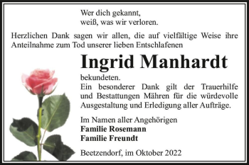 Traueranzeige von Ingrid Manhardt  von Magdeburger Volksstimme