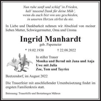 Traueranzeige von Ingrid Manhardt (geb. Papemeier)  von Magdeburger Volksstimme