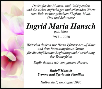 Traueranzeige von Ingrid Maria Hansch (geb. Nase)  von Magdeburger Volksstimme