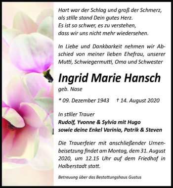 Traueranzeige von Ingrid Marie Hansch (geb. Nase)  von Magdeburger Volksstimme