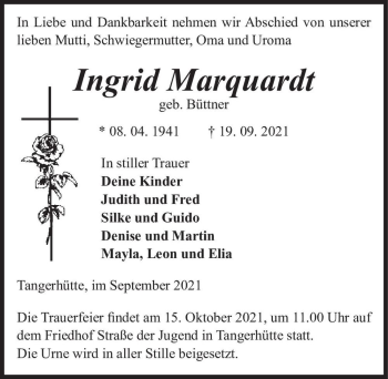 Traueranzeige von Ingrid Marquardt (geb. Büttner)  von Magdeburger Volksstimme