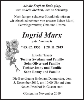 Traueranzeige von Ingrid Marx (geb. Lemanski)  von Magdeburger Volksstimme