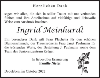 Traueranzeige von Ingrid Meinhardt  von Magdeburger Volksstimme
