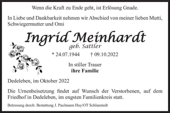 Traueranzeige von Ingrid Meinhardt (geb. Sattler)  von Magdeburger Volksstimme