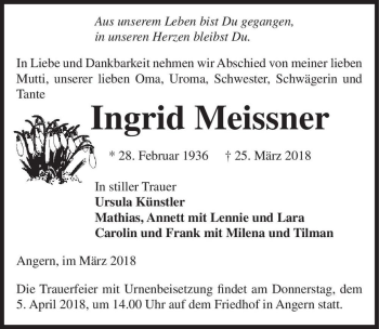 Traueranzeige von Ingrid Meissner  von Magdeburger Volksstimme