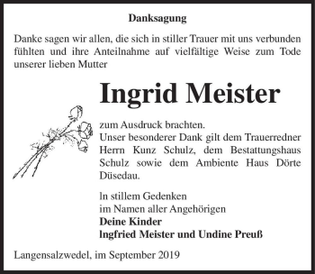 Traueranzeige von Ingrid Meister  von Magdeburger Volksstimme